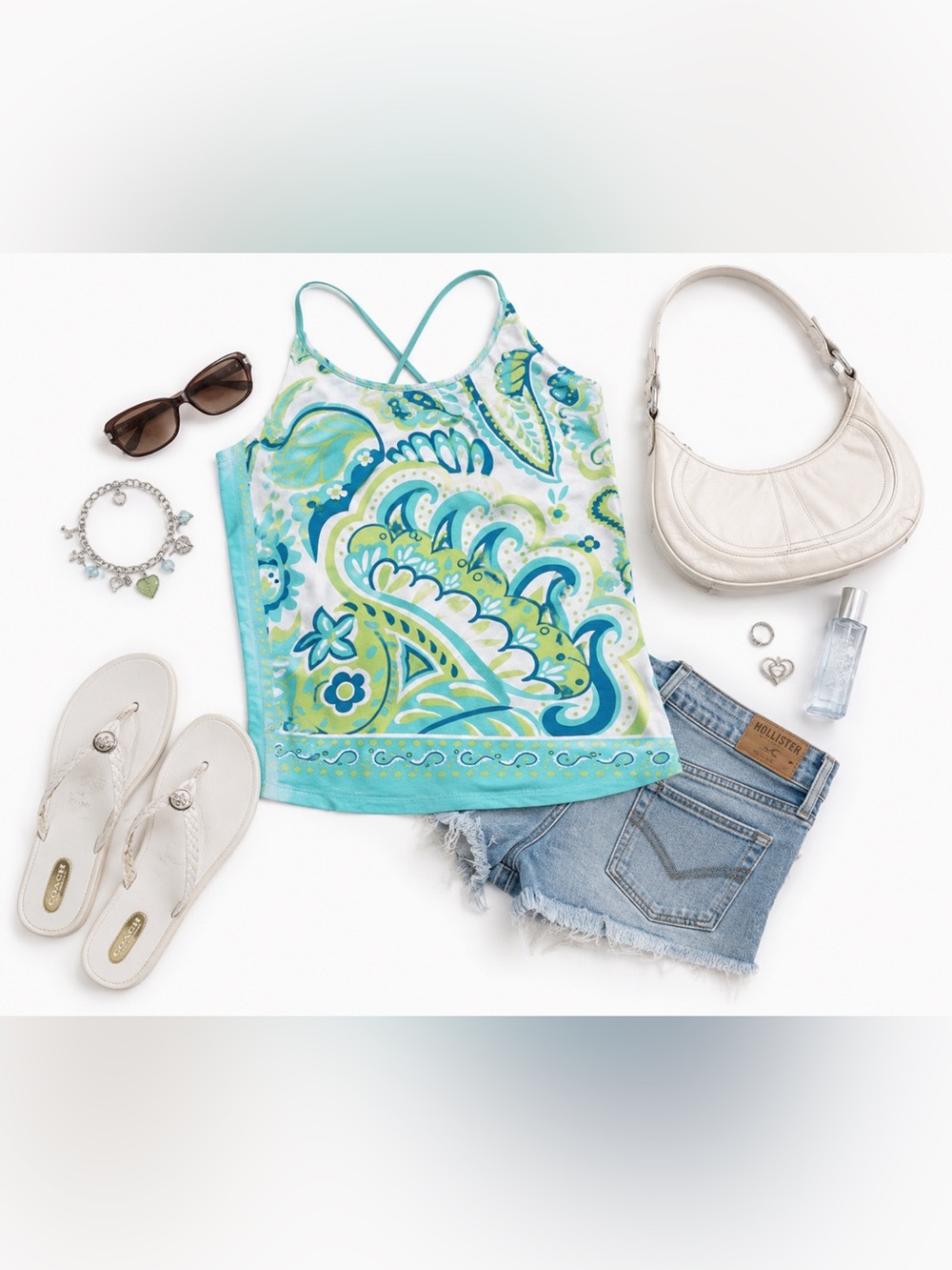 Y2K Blue Paisley Cami Tank Top 2000s Beach Coastal McBling Fairy Boho M Vtg